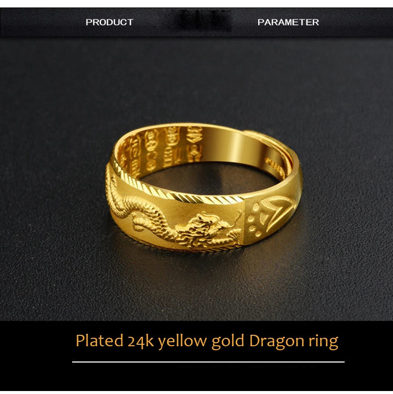 Gold 14 K Ring for Man Luxury Engraving Dragon Adjustable Ring Fashion Jewelry Male Two Color Yellow/White Gold Finger Ring Gift