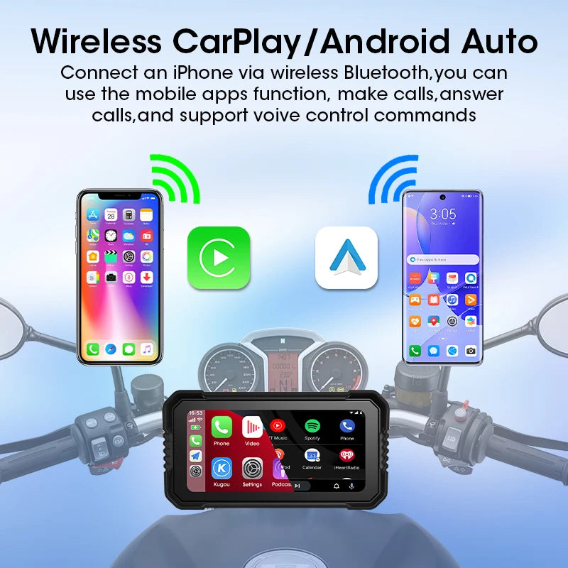 Srnubi 6.25 inch Portable Motorcycle DVR Wireless Carplay Android Auto Remote Control IP67 Waterproof 5.0 BT GPS Navigation