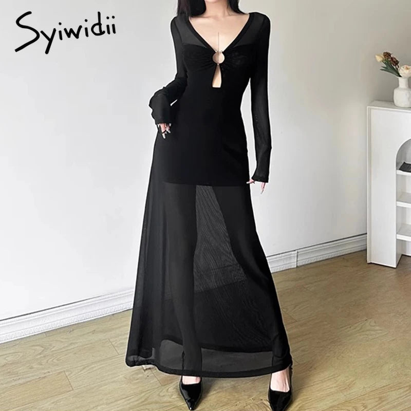 Syiwidii Vintage Printing Women Bodycon Dress Mesh See Through Hollow Out V Neck Long Sleeve Dress Beach Vacation Simple Dresses