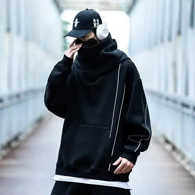 Autumn Windbreaker Turtleneck Hooded Sweatshirts For Men New Ninja Oversized Hoodies Women Line Print Y2K Streetwear Hoodie