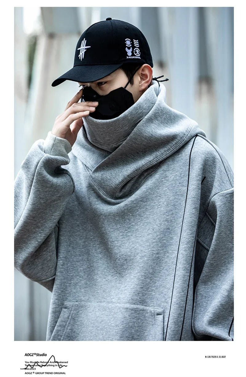 Autumn Windbreaker Turtleneck Hooded Sweatshirts For Men New Ninja Oversized Hoodies Women Line Print Y2K Streetwear Hoodie