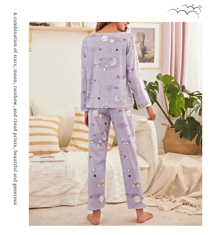 Autumn women's printed pure cotton sleepwear set with round neck long sleeved pants casual  comfortable two piece home suit set