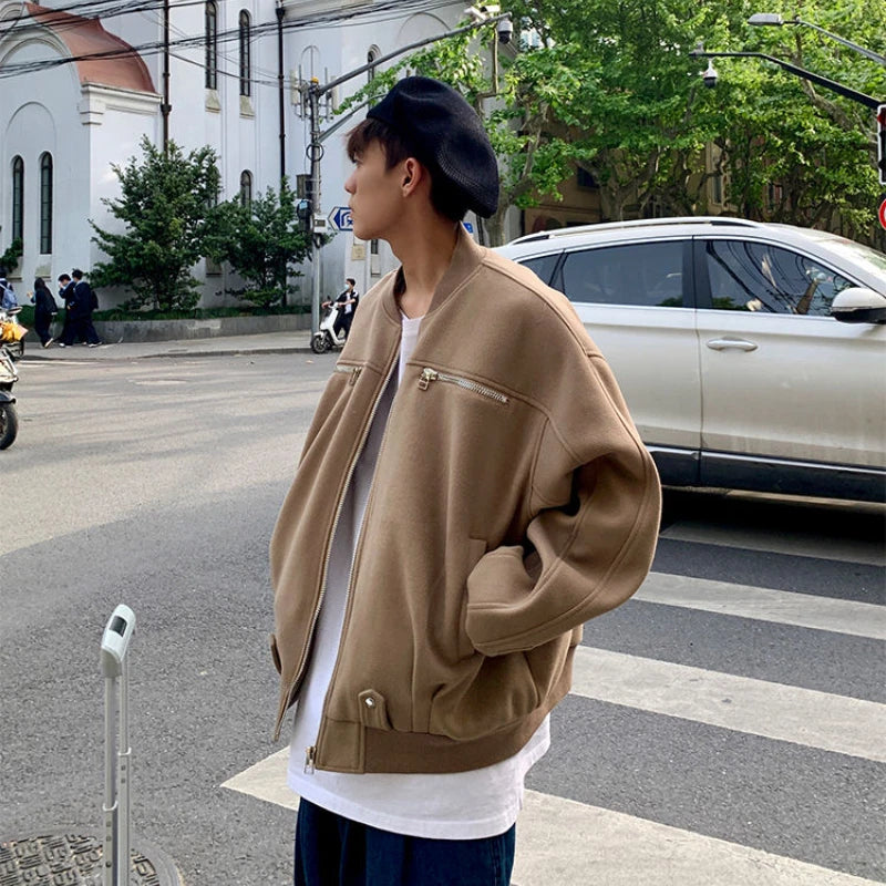 Brown Zipper Woolen Jacket Men's Light Luxury High Street Baseball Uniform Coat 2023 Autumn Winter Oversize Punk O-neck Jacket