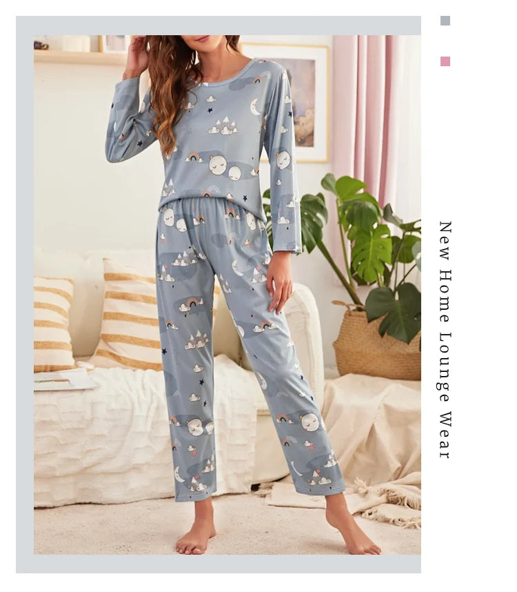 Autumn women's printed pure cotton sleepwear set with round neck long sleeved pants casual  comfortable two piece home suit set