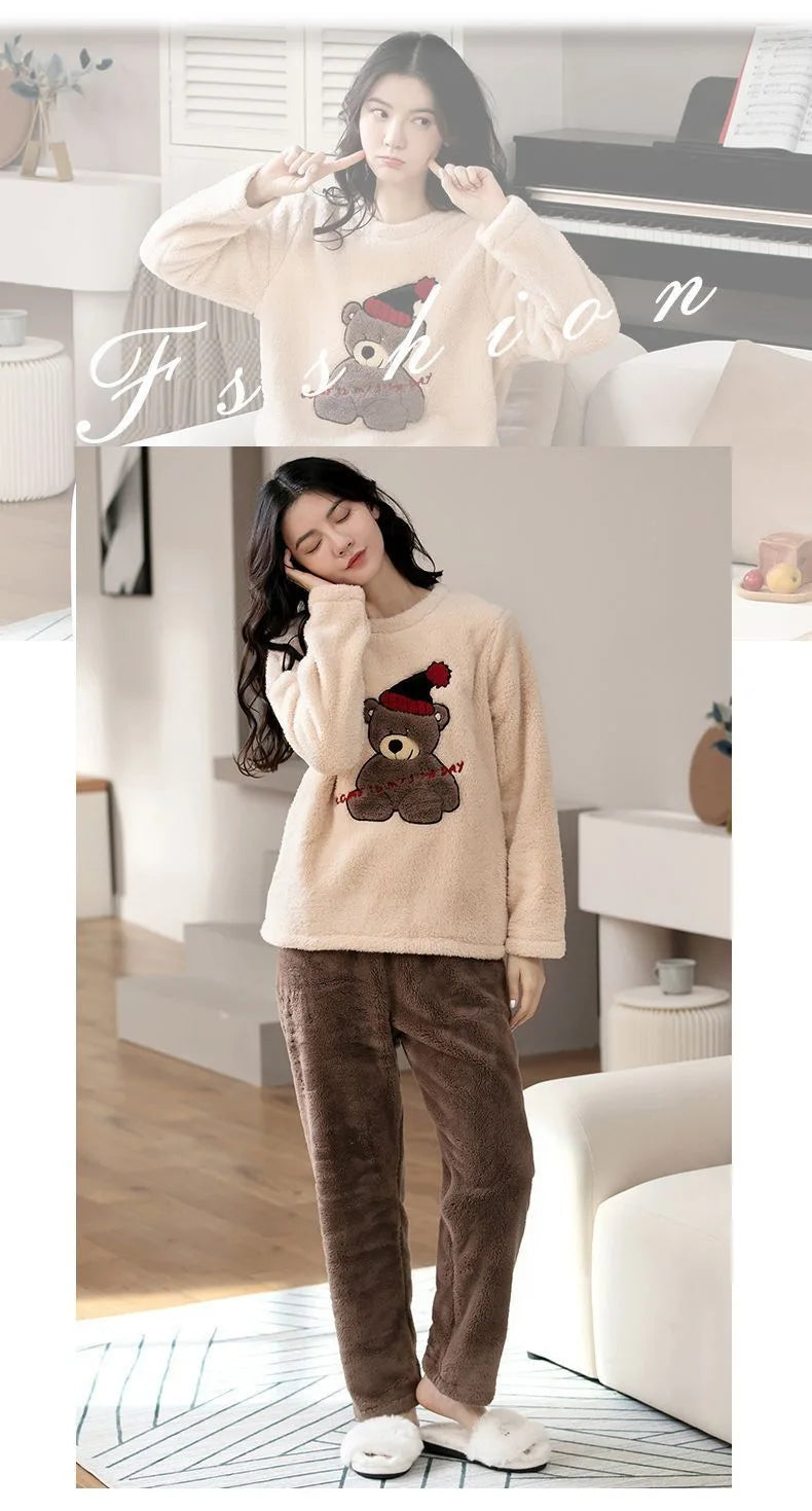 2pcs/Set Large Size Padded Thickened Warm Fall And Winter Women's Pajamas Long-Sleeved Long Pants Set Coral Velvet Cartoon Bear