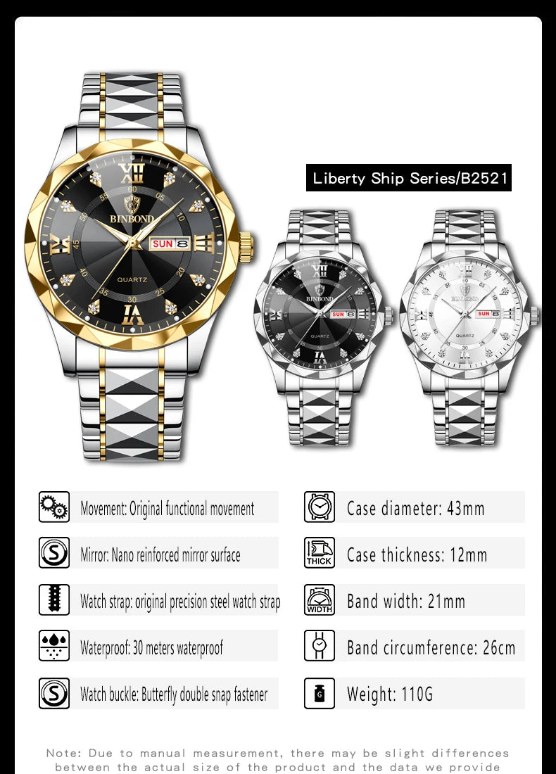 BINBOND Top Brand Luxury Fashion Quartz Watch Men Waterproof Week Date Clock Stainless Steel Sport Watch Men Quartz Wristwatch