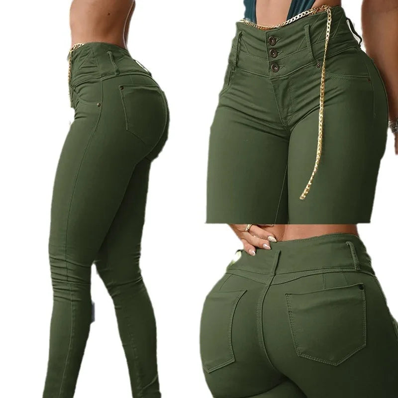 Women Solid Color Long Slim Khaki High Waist Tight Pants Ankle Length Pants Trousers