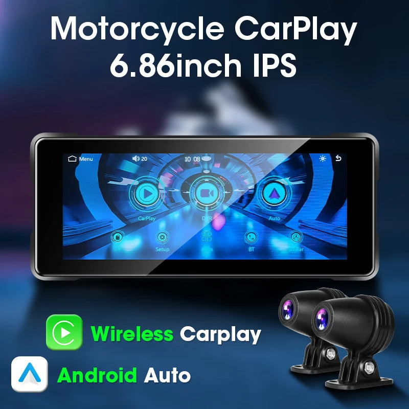 Srnubi 6.86 inch Motorcycle DVR Wireless Carplay Android Auto IP67 Waterproof GPS navigator Dash Cam Moto Dual Bluetooth Camera