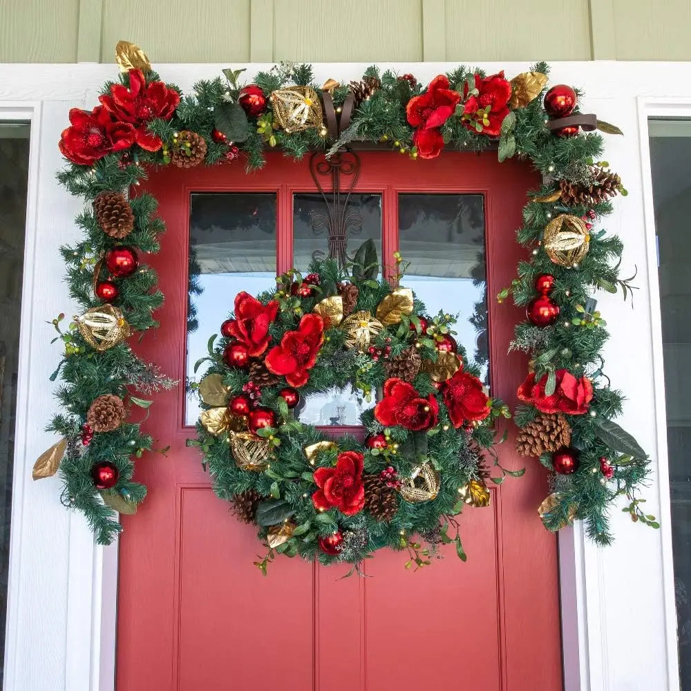 [9 Foot Artificial Christmas Garland] - Red Magnolia Collection - Red and Gold Decoration - Pre Lit with 100 Warm Clear Colored