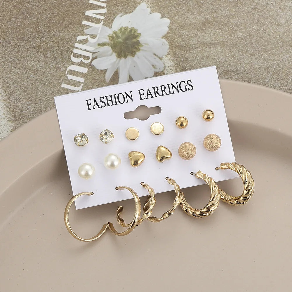 European and American cross-border new minimalist earrings wholesale creative minimalist retro pearl circle earring set 9 pairs