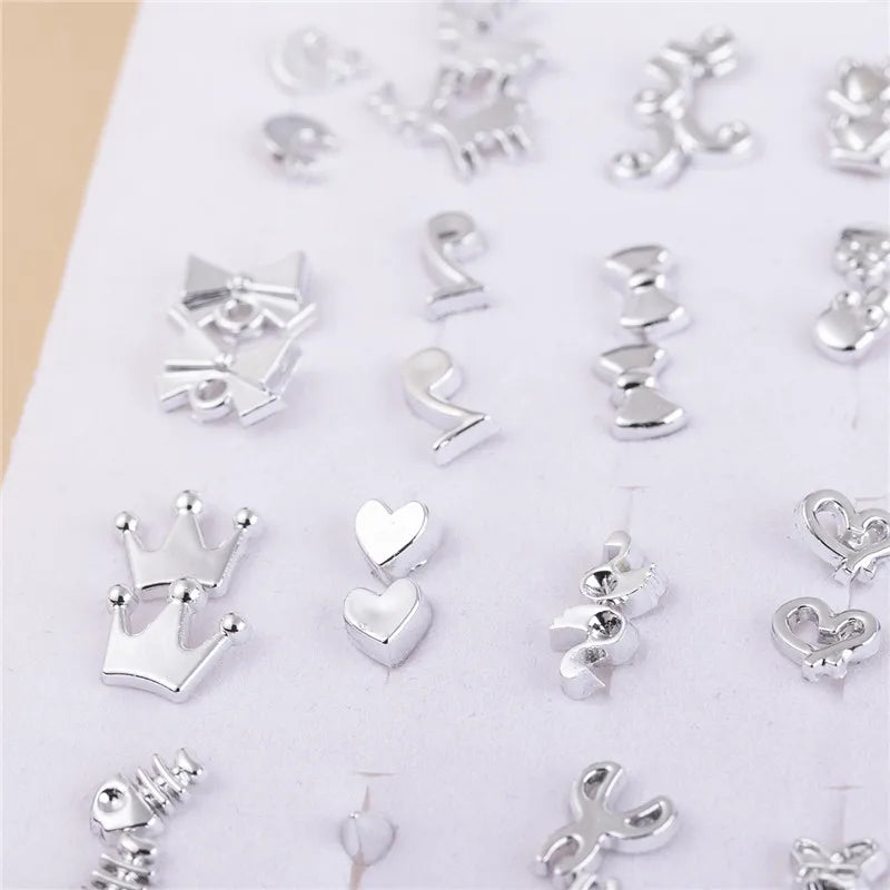 36Pairs Randomly Mixed Silver Color Stud Earrings Women Bowknot Crown Heart Small Plastic Earrings Sets For Girl Jewelry Gifts