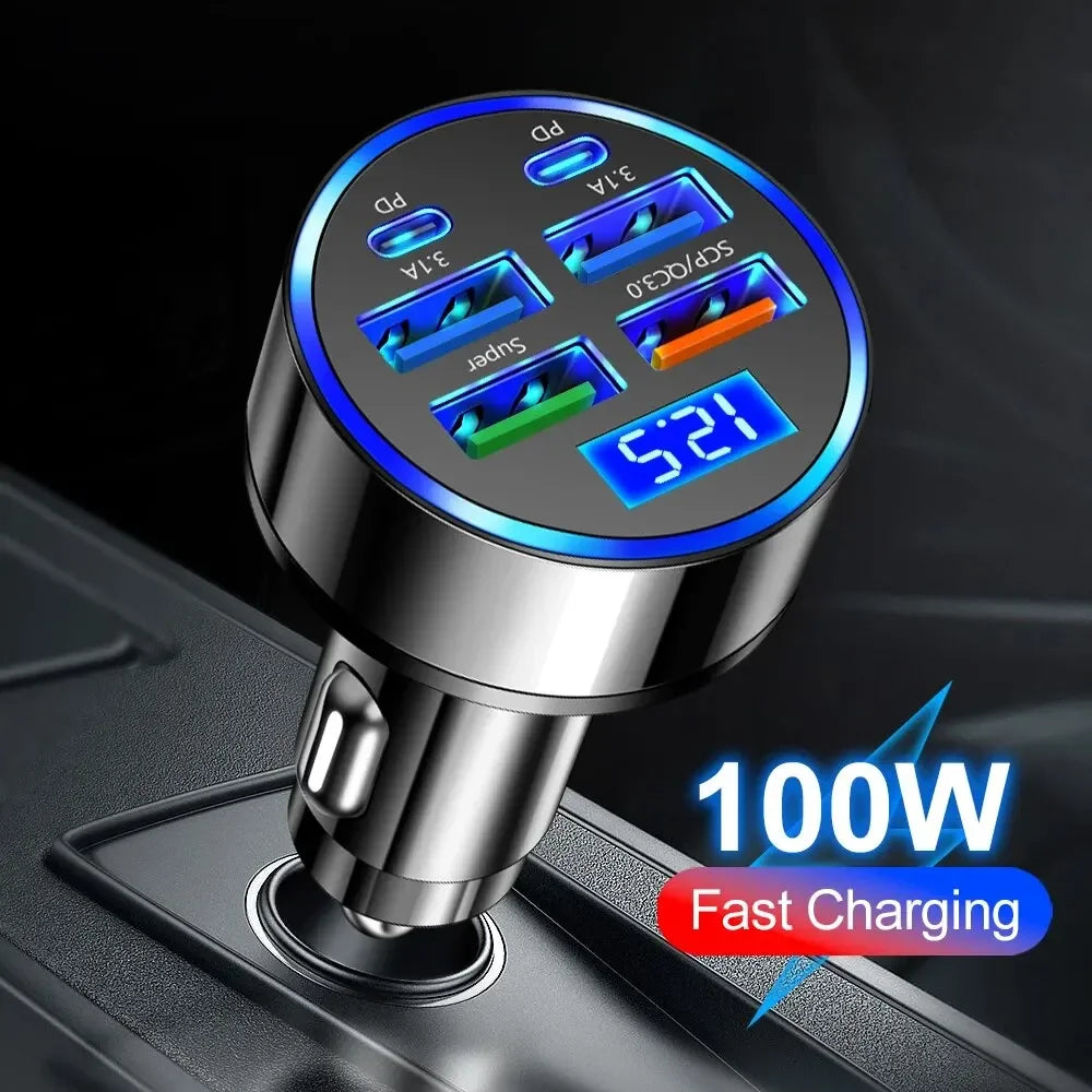 250W PD Car Charger QC3.0 Fast Charge One to Six Car Cigarette Lighter Plug 5 Port Car Charger Flash Charge with Digital Display