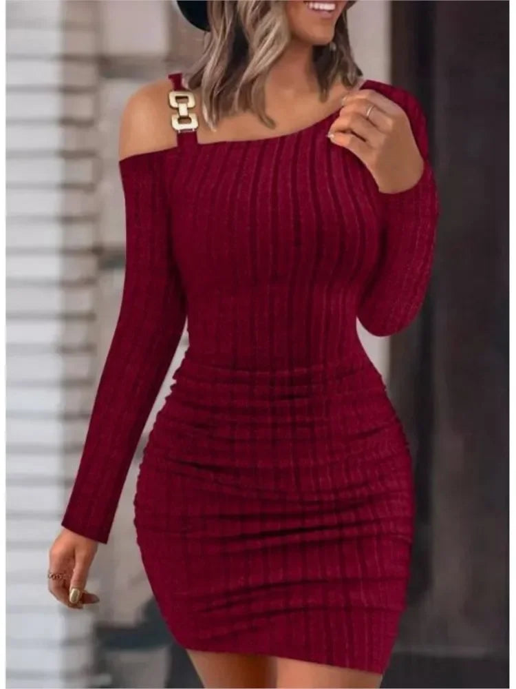 Autumn Winter New Women Dress Solid Button Oblique Off Shoulder Tight Wrap Hip Slim Sexy Long Sleeve Mini Dress Women Clothing