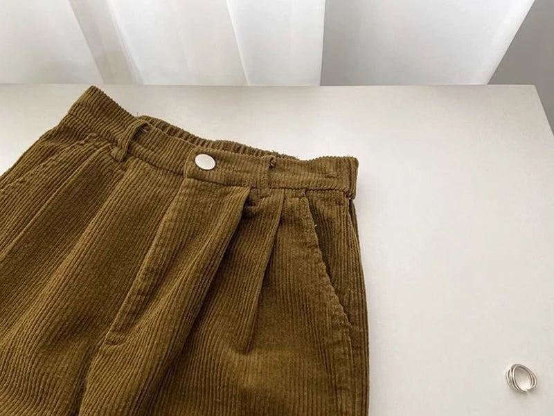 Retro High Waist Corduroy Pants Women Spring Fall Straight Causal Full Length Trousers Korean Fashion Baggy All Match Black Pant