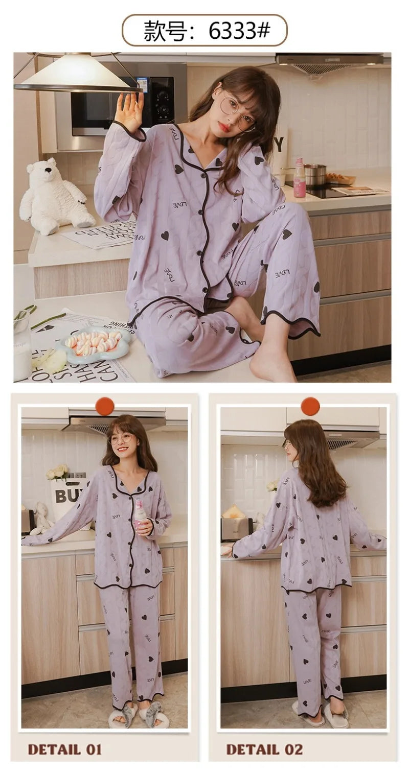 Women's Sweet Ruffle Pajamas Set Long Sleeve Top And Long Pants Sleepwear 2 Piece Set For Women Korean Casual Home Loose Pajamas