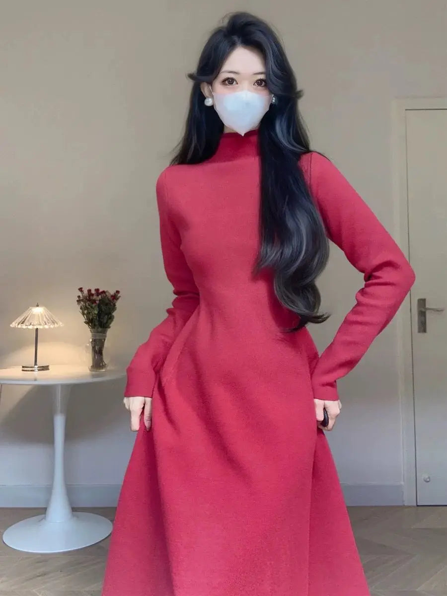 Solid Half High Collar Long Sleeve Jersey Dress Loose Casual Sweat All Match A-line Skirt Elegant Fashion Harajuku Wool Dress