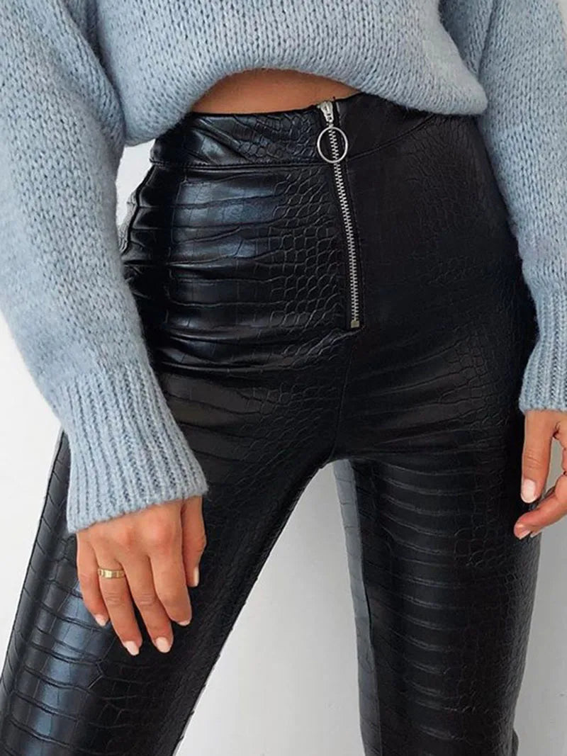 Fashion Women Pants Casual High Waist Crocodile PU Leather Pencil Pants Female Slim Trousers Women Zipper Leggings Women Clothes