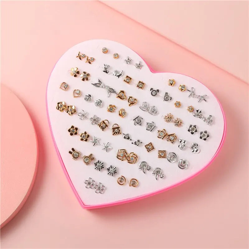 Trendy Gold/Silver-color 36 Pairs/lot Female Flower Love Small Stud Earrings Set For Women Geometric Crystal Plastic Ear Jewelry