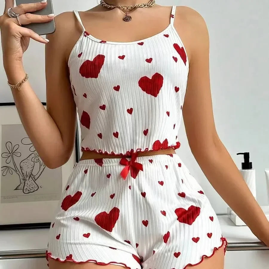 Summer Sleepwear Women Heart Print Relaxed Fit Pajama Set Round Neck Backless Crop Cami Top and Shorts Set Loungewear