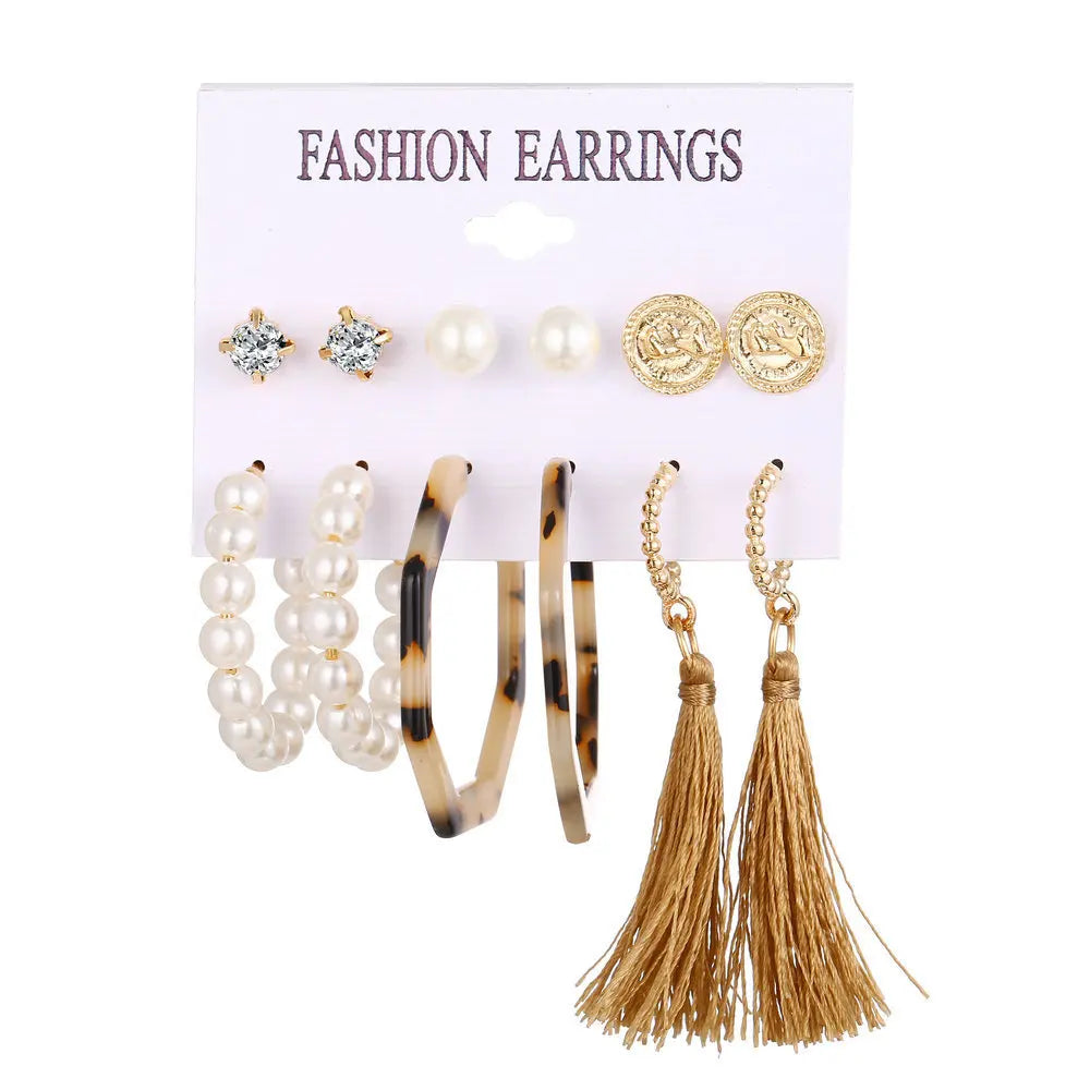 6Set Hot Selling Bohemian Style Moon Triangle Tassel Earring Set with Six Pairs of Retro Holiday Party Trendy Earrings for Women