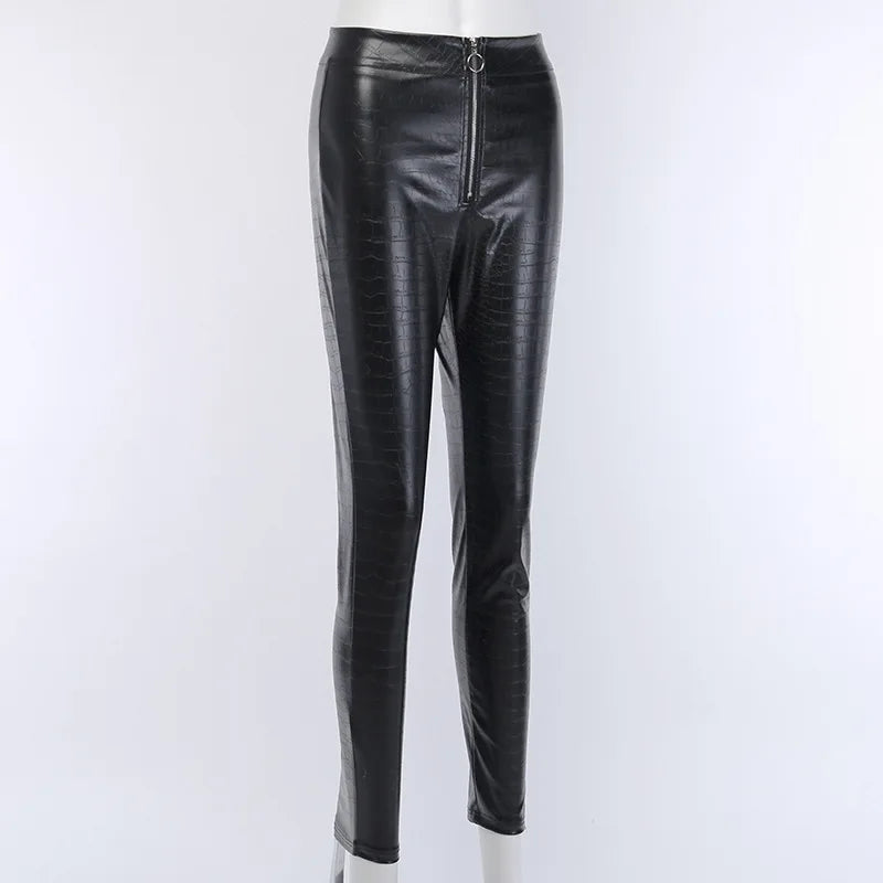 Fashion Women Pants Casual High Waist Crocodile PU Leather Pencil Pants Female Slim Trousers Women Zipper Leggings Women Clothes