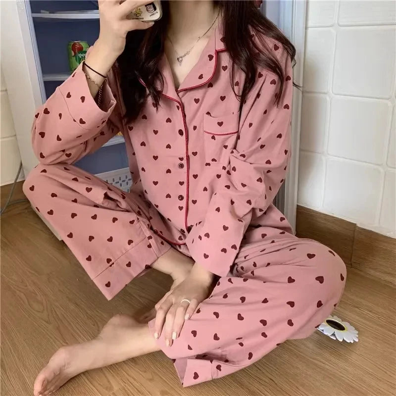 Large Size Sexy Nightwear Women Sleepwear Autumn and Winter Cardigan Home Wear Peach Heart Long Sleeves School Silk Pajamas