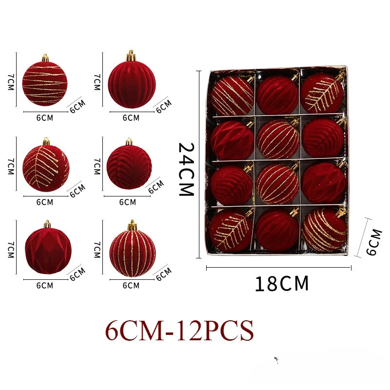 12pcs 6cm Wine Red Christmas Ball Ornaments Christmas Tree Party Decoration New Year Christmas Spheres Pendant Velvet Balls 2025