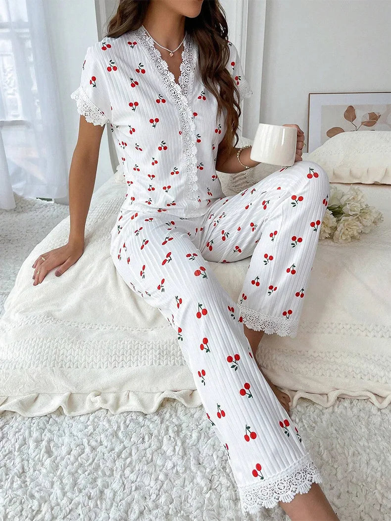 Lace Trim Women Pajama Set Short Sleeve Front Button Top & Full-Length Pants Cherry Print 2 Pieces Sleepwear Nightwear Homewear