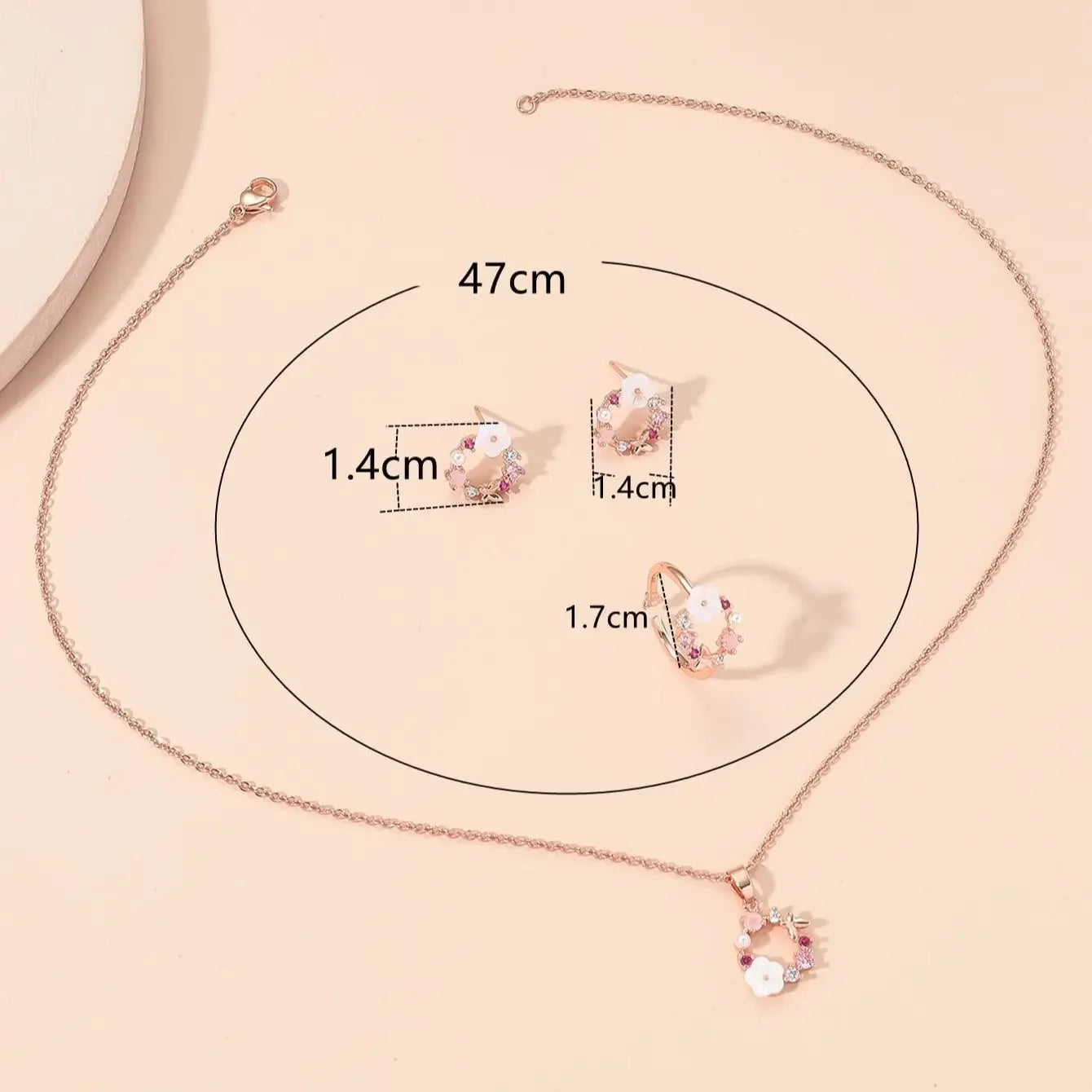 4 Pieces Rose Gold-color Lady Flower Fashion Accessories Zircon Simple Ornate Exquisite Necklace Ring Earrings Jewelry Set