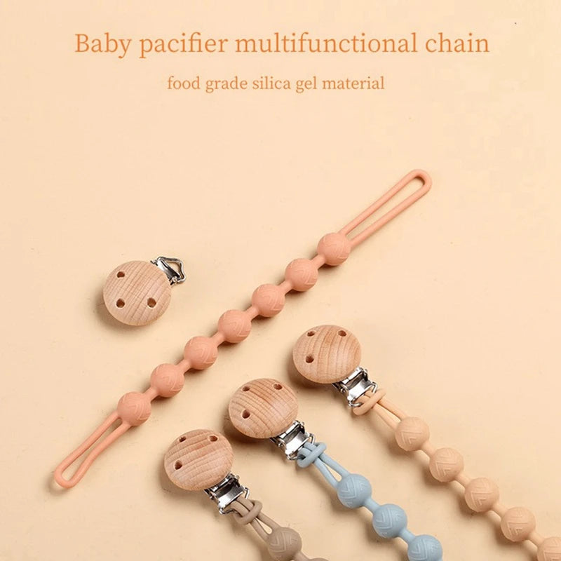 Beech Wood Chew Bead Pacifier Clips Dummy Chain Holder Newborn Soother Chains Nipple Holder For Babies Teething Toy Baby Chew