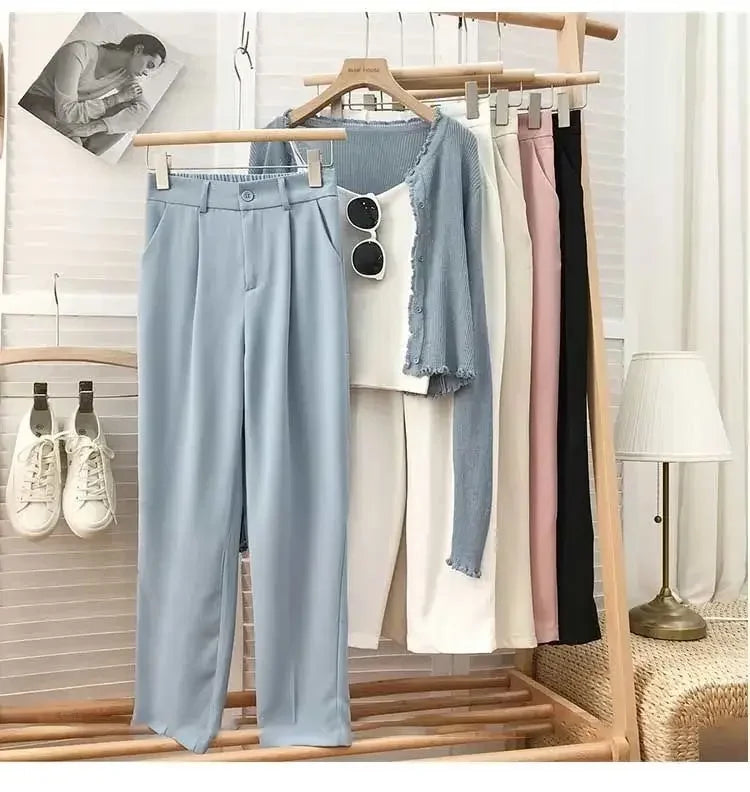 Fashion Elastic High Waist Suit Pants Women Spring Casual Loose Straight Black Trouser Office Ladies Nine Points Streetwear