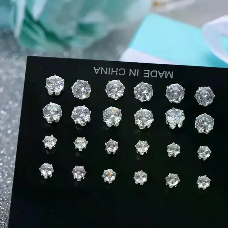 12 Pairs/Pack Shiny Zircon Stud Earrings Set for Women Men Daily Versatile Chic Silver Color Crystal Ear Jewelry Accessories