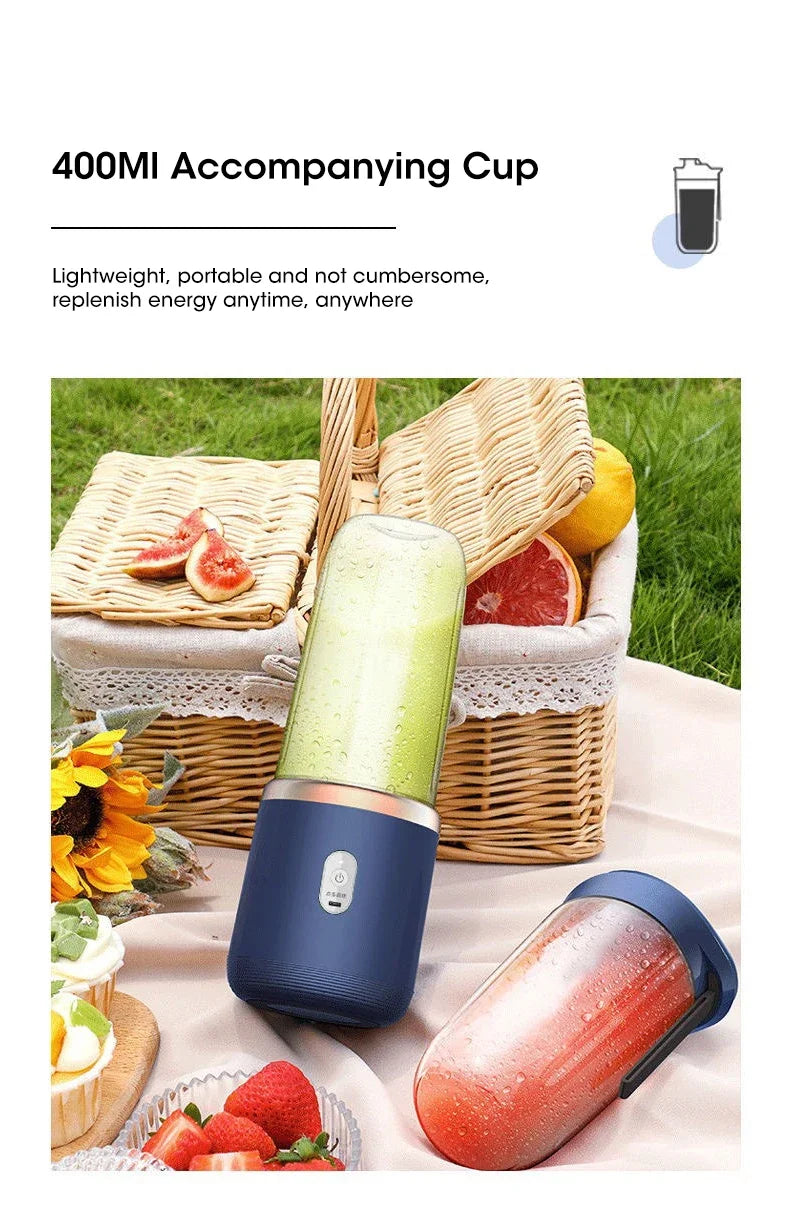 400ML Blue Portable Juicer Electric Juicer Cup USB Rechargeable Small Juicer with Stainless Steel Blade Mixer Ice Crusher