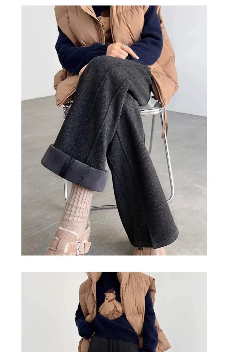 Women's Autumn/Winter New Herringbone Striped Flannel Wide leg Pants Woolen Split Pants Straight leg Narrow Version Banana Pants