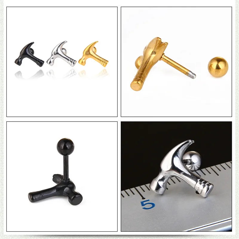 Hiphop Punk Screw Hammer Earrings Stainless Steel Fashion Tool Shaped Stud Ear Jewelry Party Gifts For Women Men