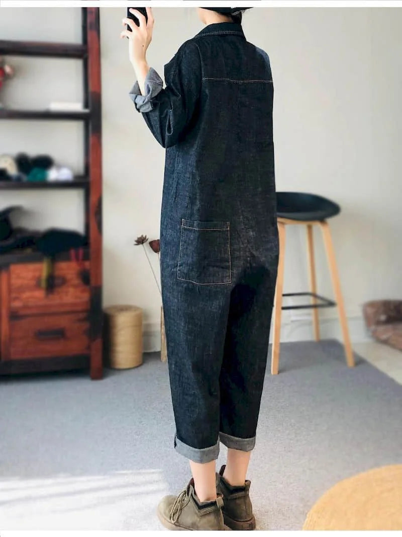 Oversized Denim Jumpsuit Suit Women Blue Denim Long Sleeve Playsuits High Waist New Fashion Tops Casual One Piece Outfit Women