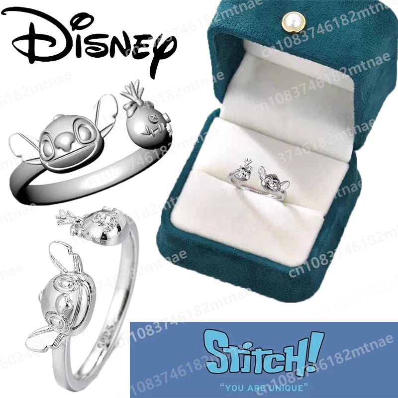 Disney Anime Stitch Silver Ring Cartoon Lilo & Stitch  Adjustable Rings Kawaii Kids Toys Woman Fashion Jewelry Birthday Gifts