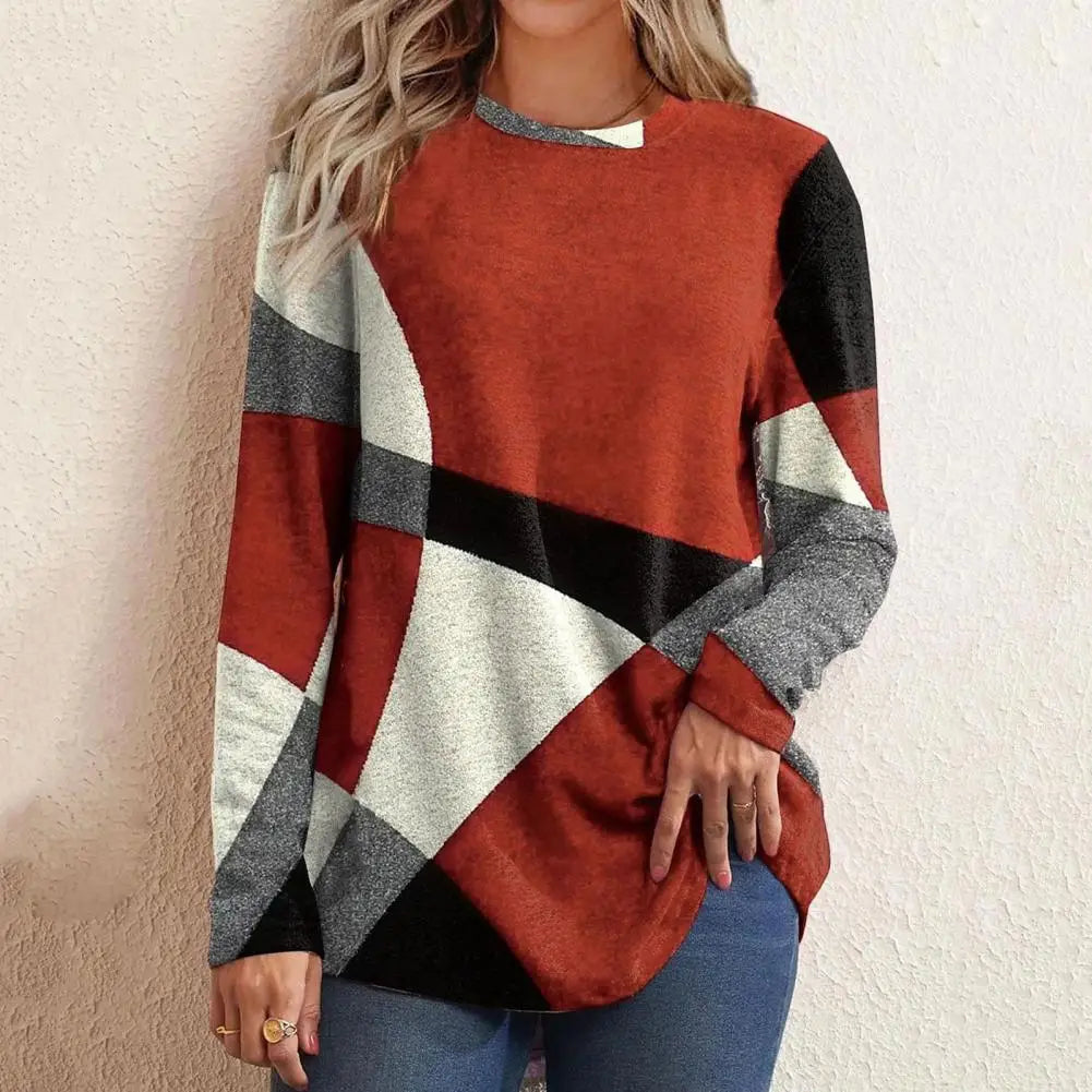 Women Geometric Patchwork Color Block Tops O-neck Long Sleeve Buttons Decor Blouse Loose Fit Tunic Tops Dressy Crewneck T Shirts