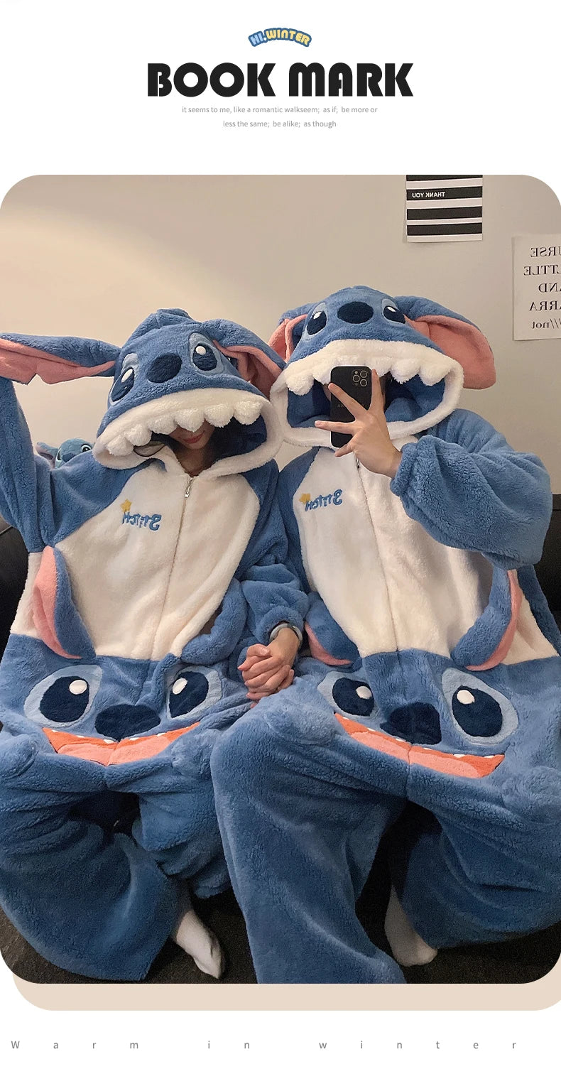 Cartoon Disney couple one-piece pajamas winter coral fleece thermal hooded pullover men's loungewear new Stitch women's pajamas