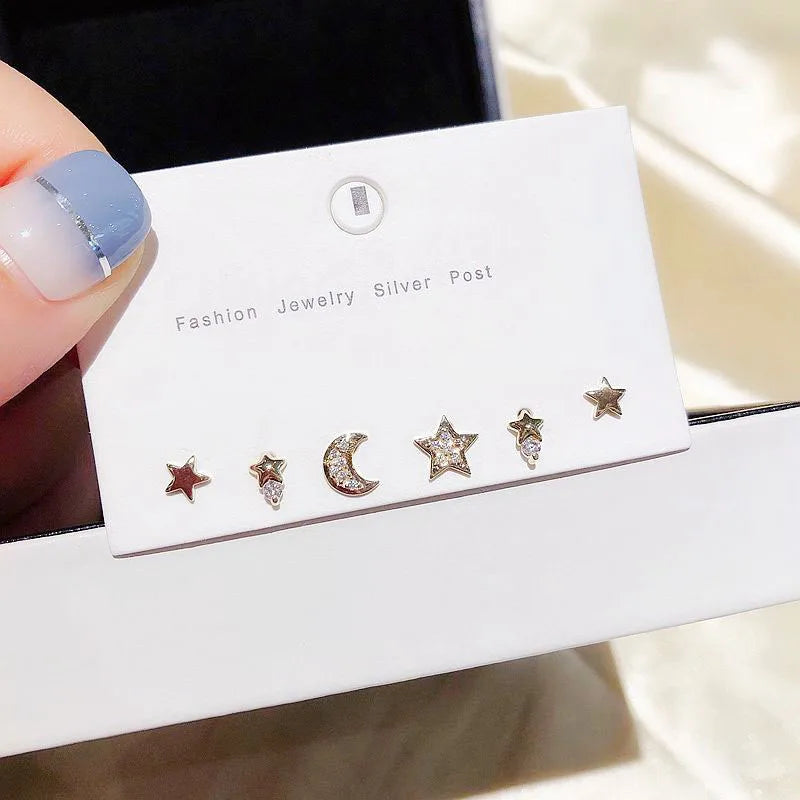 ENSHIR 6 Piece Set Mini Zircon Moon Star Love Heart Animal Studs Earrings For Women Piercing Earring Jewelry Wholesale