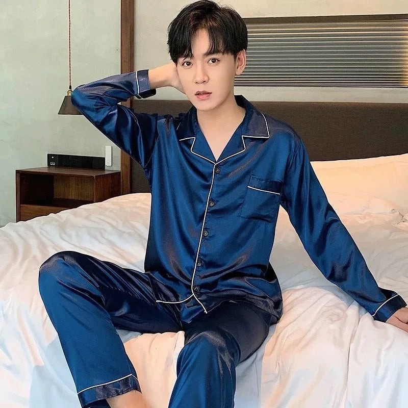 Men's Casual Pajamas Sets Oversized Silk Mens Pajama Pants Sets Satin Long Sleeve Sleepwear Home Pijama Night Wear Loungewear