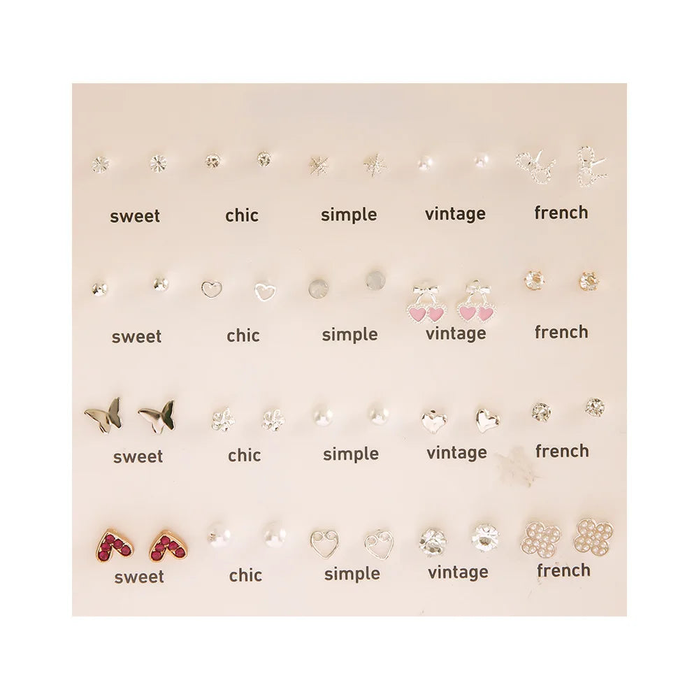 Sweet and Luxury 20 Pairs of White Pearl Earrings Mini Set with Hollow Heart Butterfly Flower Earrings for Women