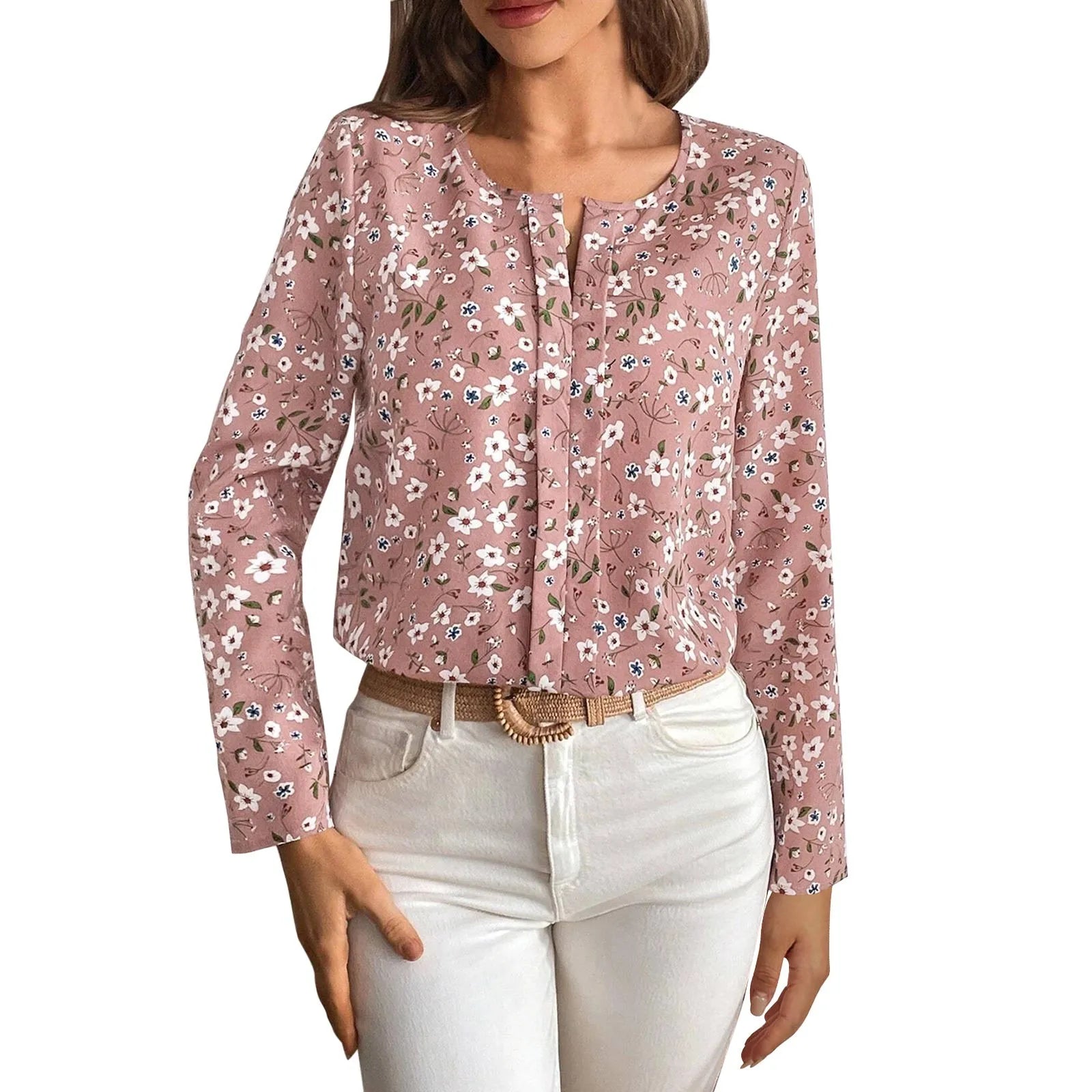 Women Shirts Dressy Casual Cotton 2023 Women Long Sleeve Unity Ditsy Floral Print Fold Pleated Detail Blouse قمصان وبلوزات