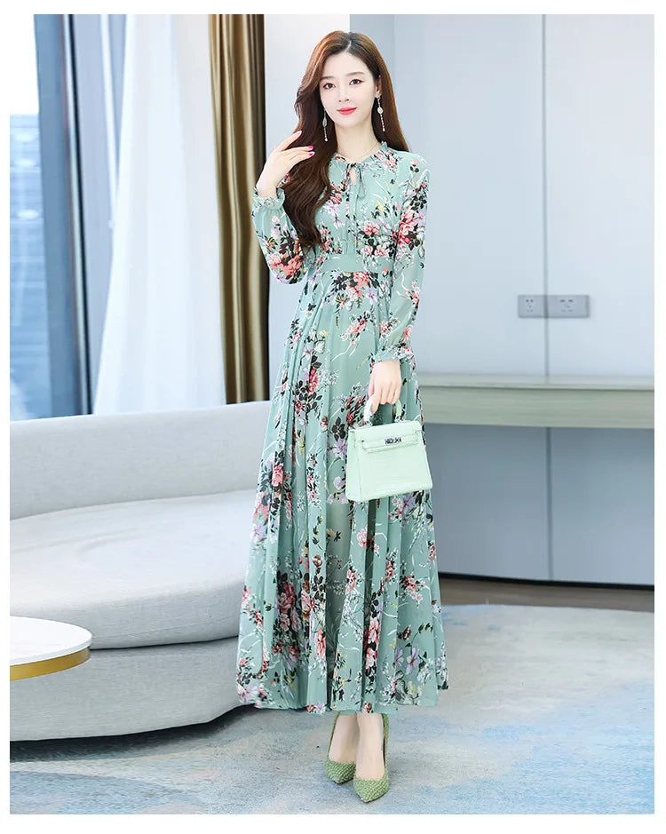 Spicy Mom Dress Chiffon Moms Korean Edition New Autumn and Winter Fragmented Flower Long Style New Long sleeved Medium Long UAFP