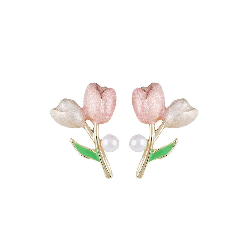 New pink sweet tulip flower ear stud women's fashion heart stud earrings exquisite imitation pearl earrings jewelry gift