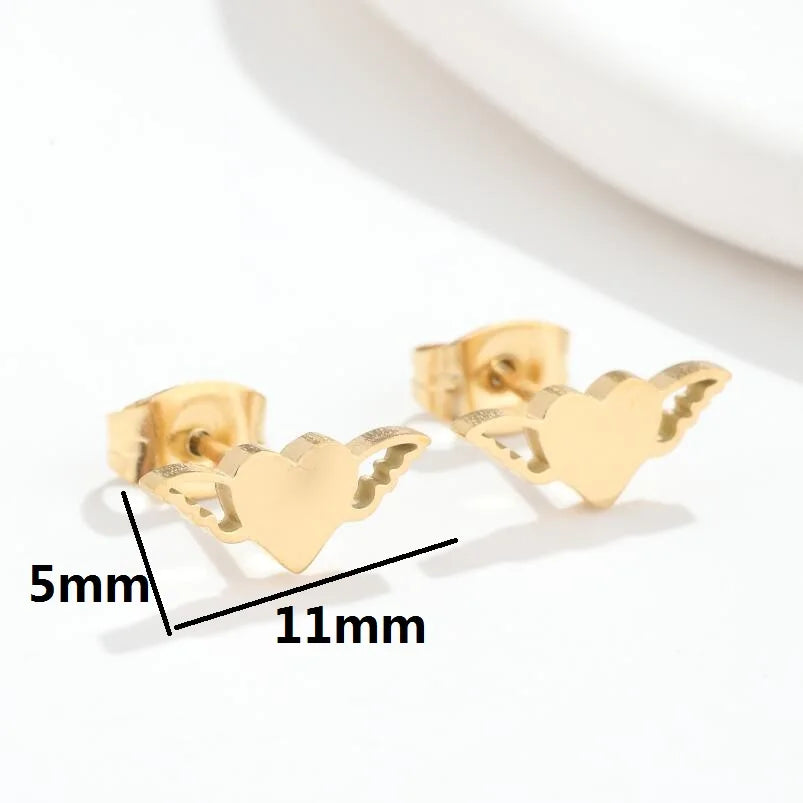 Heart Angel Wings Simple Stud Earring For Women Piercing Ear Surgical Steel Earring Face Valentine'S Day Gift Aretes De Mujer