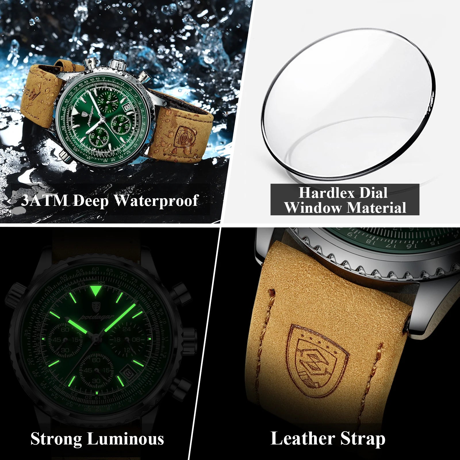 POEDAGAR Luxury Man Watch Quartz Waterproof Luminous Date Chronograph Leather Men Wristwatch Military Sports Men's Watches Reloj