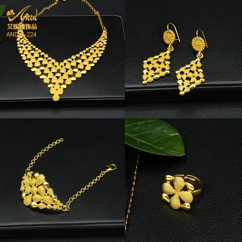 France Luxury 24k Gold Color Jewelry Set For Women Dubai Bridal Wedding Necklace And Earrings Set African Choker Party Gifts