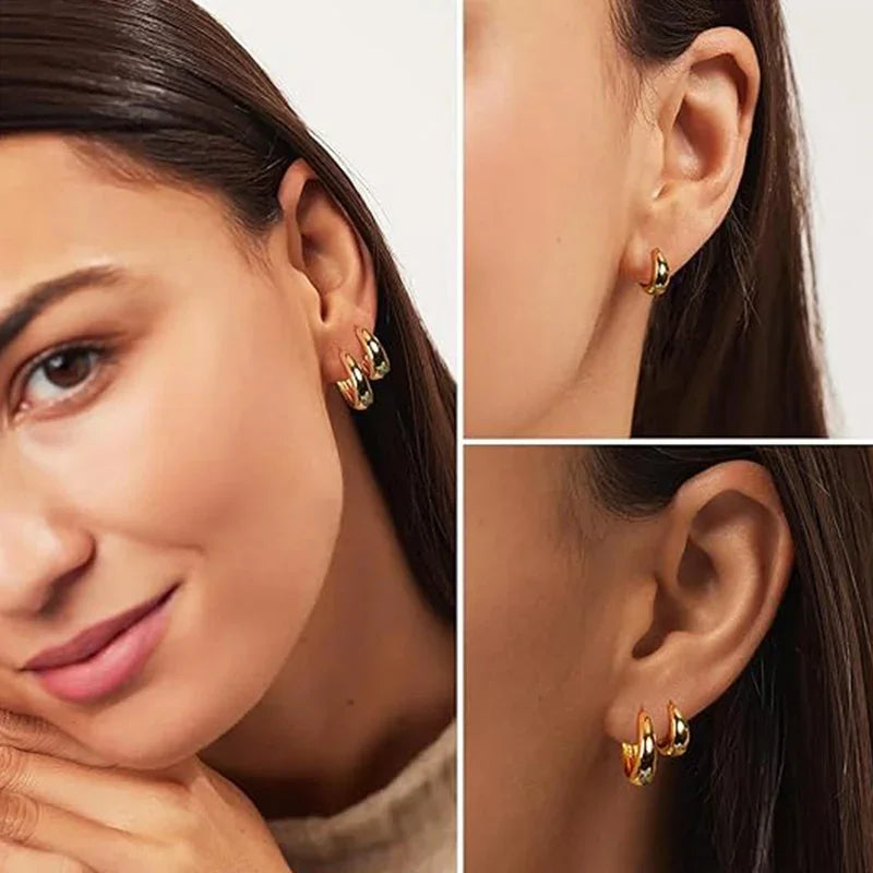 3 Pairs Chunky Gold Color Hoop Earrings Set for Women Girls 2024 Trend Jewelry Stackable Piercing Dainty Twist Cuff Earring