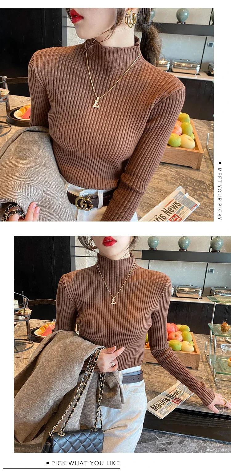 Autumn Winter Women Clasi Striped Solid Slim Y2k Turtleneck Sweater Pull Fashion Knitwears Pullovers Clothing Jumper Blouse